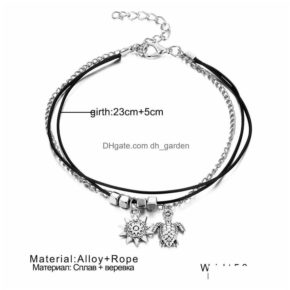 vintage multi layered turtle pendant anklet for women boho sun beads charm ankle bracelet summer beach leg chain foot jewelry