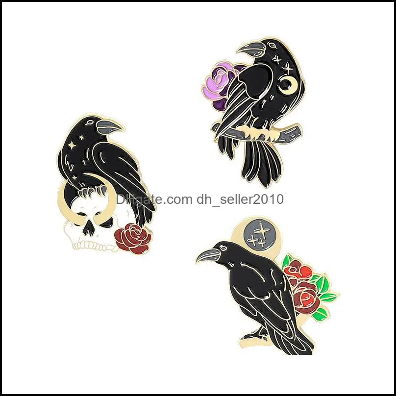 gothic dark magic brooches creative fashion crow skeleton rose enamel pins personality unique badges lapel backpack jewelry gift c3