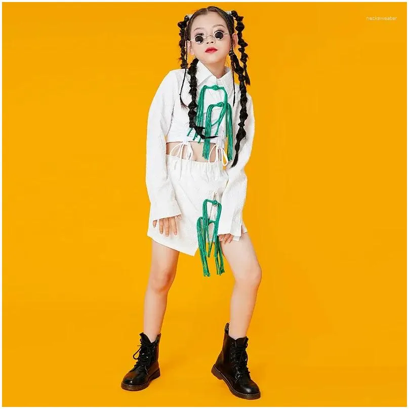 Stage Wear Girls` Runway Show Costumes Children Hip-Hop Street Dance White Green Loose Suit Jazz Rave Clothes DQS14480