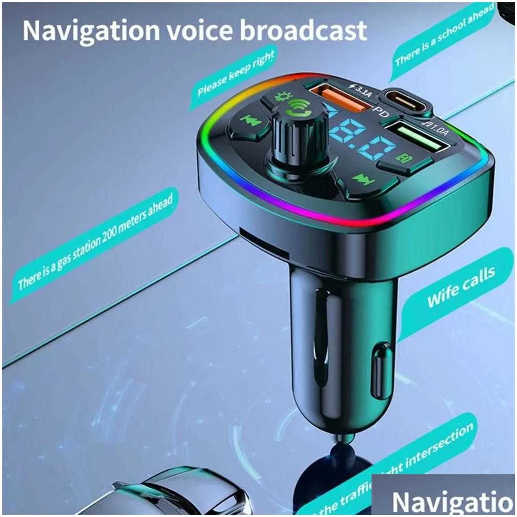 car fm transmitter bluetooth 5.0  mp3 music player pd 18w type-c dual usb 4.2a colorful ambient light cigarette lighter