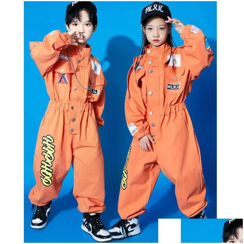 Stage Wear Kids Cool Short Sleeve Hip Hop Clothing Orange Jumpsuit Overalls For Girls Boys Jazz Dance Costume Ballroom Dancing