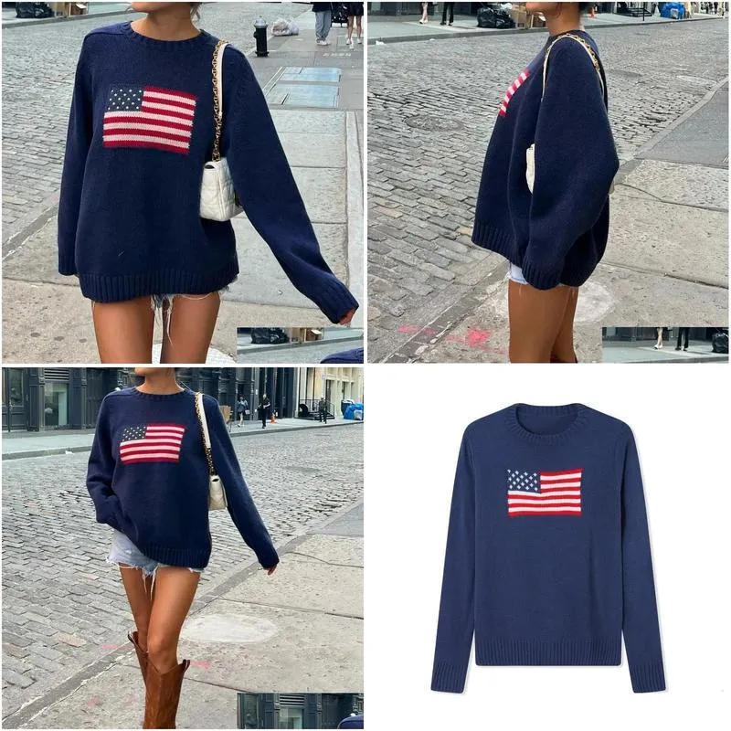 womens sweaters women flag sweaters vintage casual long sleeve crew neck loose fit knit pullover jumper y2k aesthetic harajuku autumn tops 2023