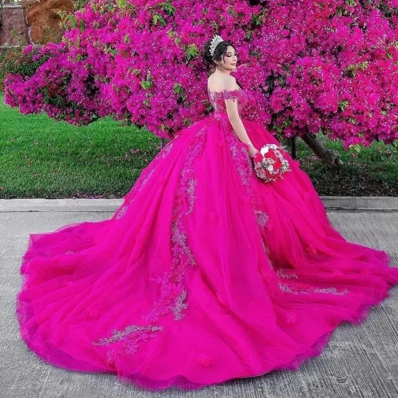 2024 Hot Pink Quinceanera Dresses Lace Appliques Crystal Beads Off Shoulder Short Sleeves Hand Made Flowers Fuchsia Puffed Ball Gown Tulle Guest Dress