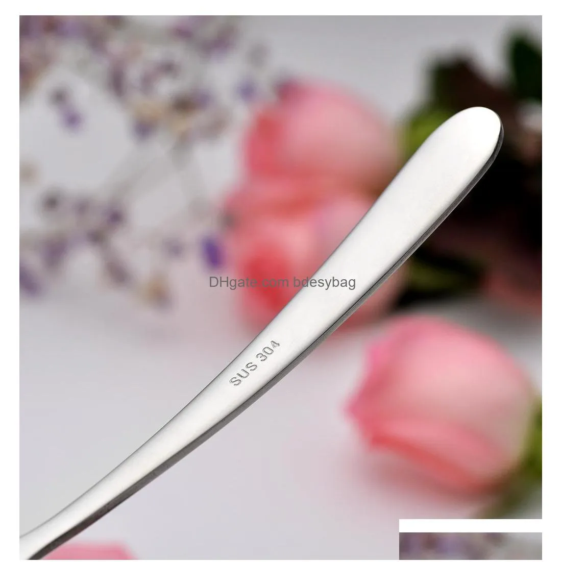 silver long handle stainless steel mirror polishing dinner mixing spoon delicate rose shaped tableware flatware lx2758