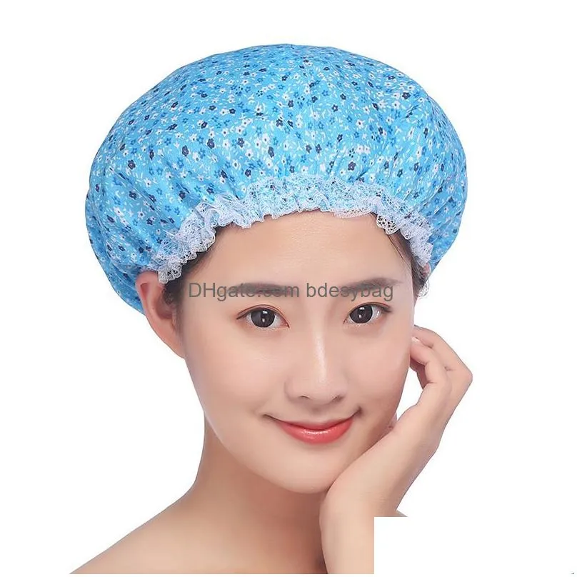 Shower Caps Flowers Printed Shower Cap Oil Women Spa Hair Salon Supplies Bathing Hat Waterproof Thicken High Quality Bath Drop Deliver Dhxey