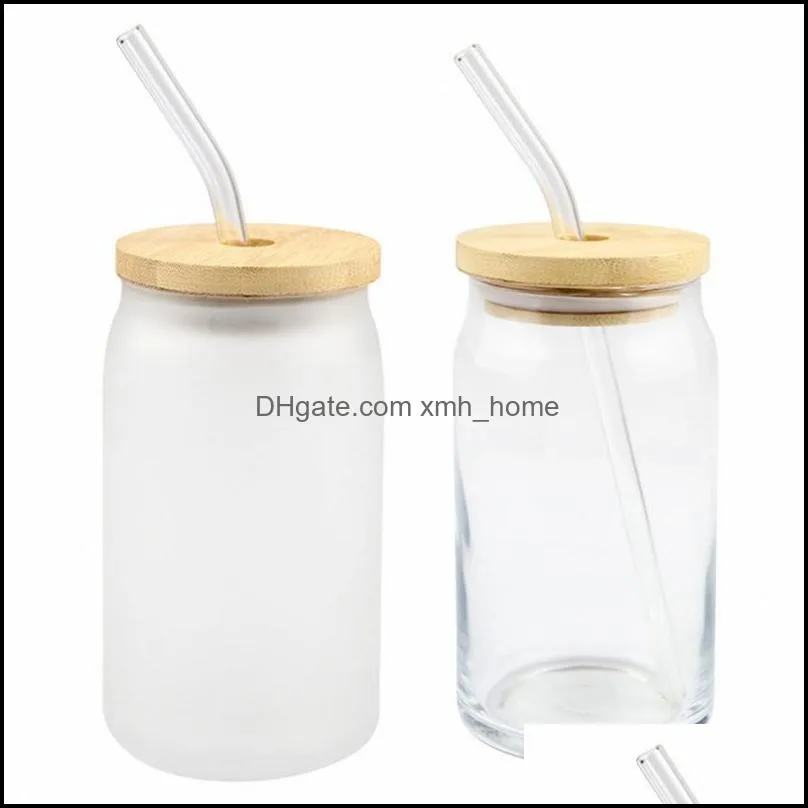 12oz 16oz sublimation clear glass tumbler 12oz frosted cola can bamboo lid beer cocktail cup whiskey coffee mug iced tea jar 625 d3