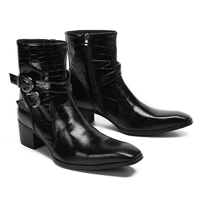 italian military dress boots men pointed toe high heels western styles black double buckle  boots shoes man