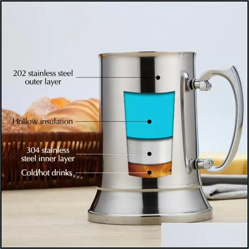 16oz double wall stainless steel tankard double wall beer mug cocktail breakfast tea milk mugs with handgrip coffee cup bar tools drinkware tool fy5306