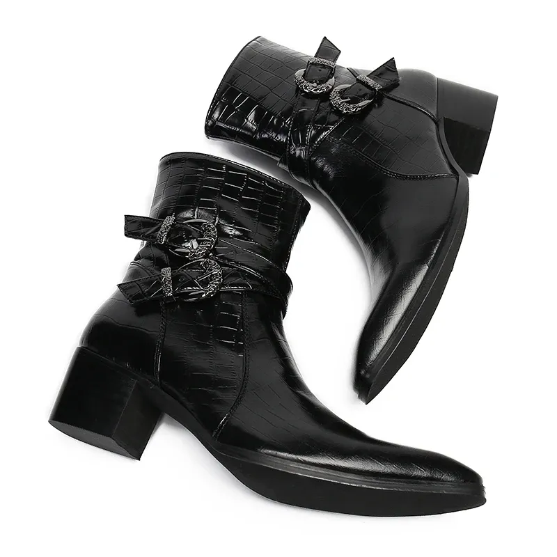 italian military dress boots men pointed toe high heels western styles black double buckle  boots shoes man