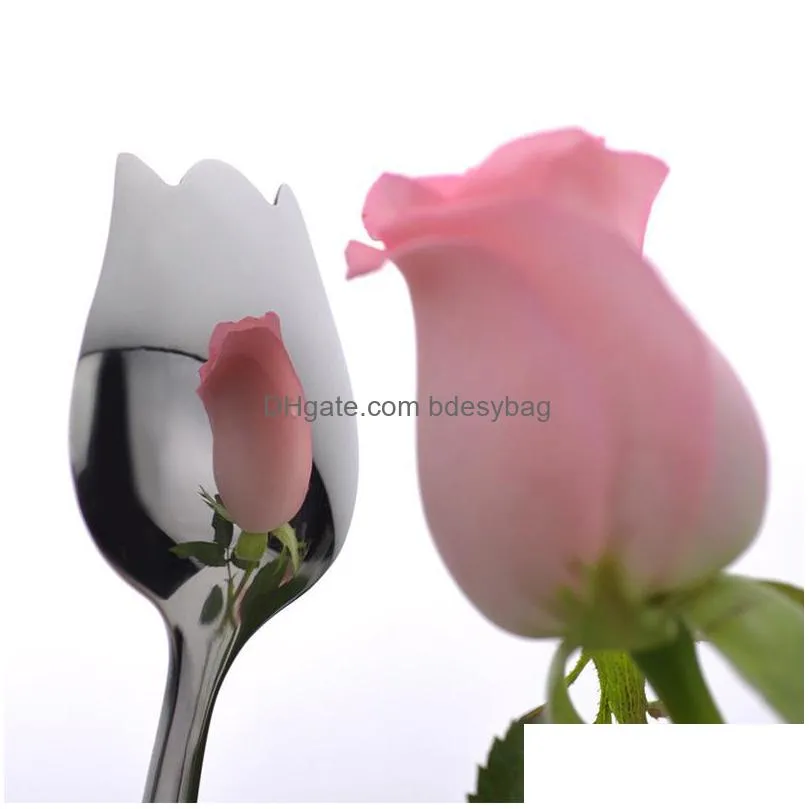 silver long handle stainless steel mirror polishing dinner mixing spoon delicate rose shaped tableware flatware lx2758