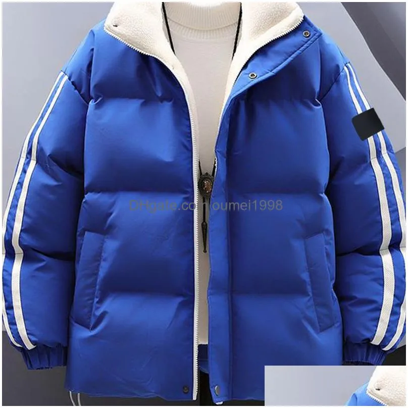 Men`S Jackets Fashion Cotton-Padded Coat Mens New Simple Japanese  Three Stripes Thick Hooded Jacket Lovers Casual Standing Colla Dhbki