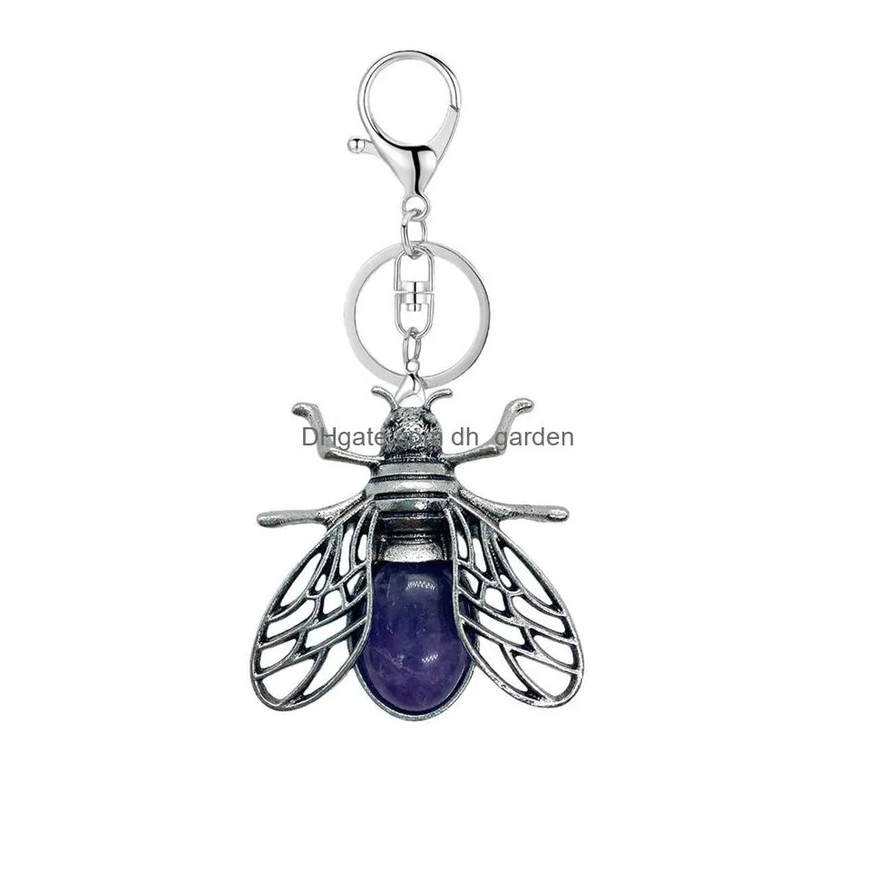 wholesale natural amethyst gemstone keychain copper fashion turtle dragon charms key ring for women men gift