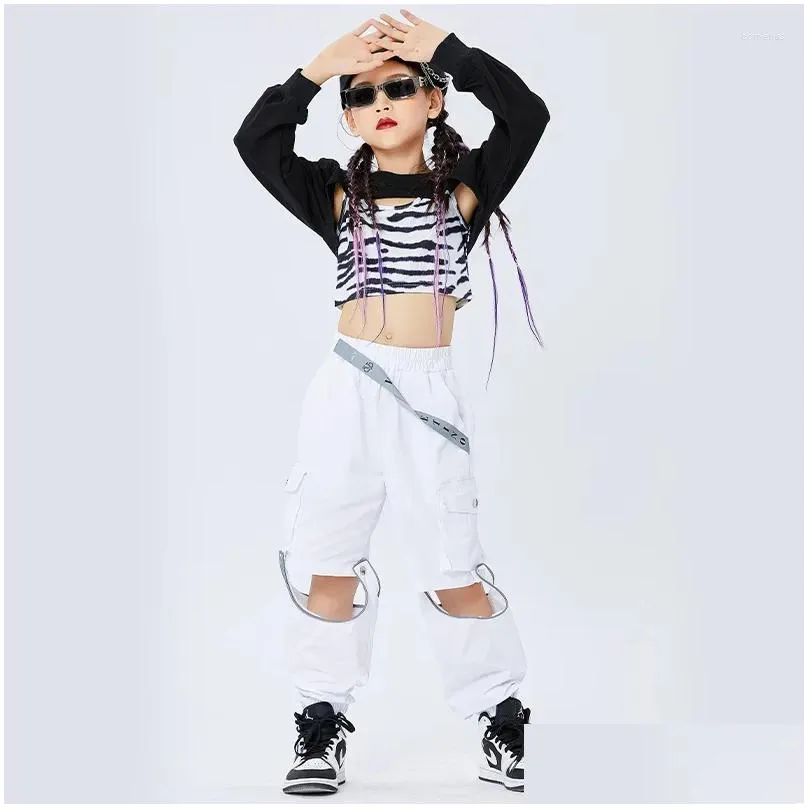 Stage Wear 2023 Jazz Dance Performance Costumes For Kids Black Crop Tops Loose White Pants Suit Girls Hip Hop Clothes DQS8212