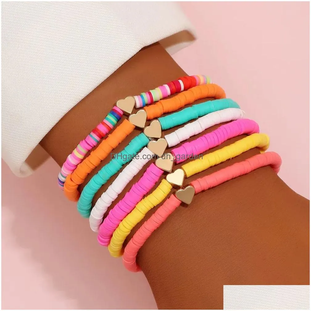 7pcs surfer heishi bracelets set beads strands rainbow gold love heart charm stretch 4mm soft clay stackable boho wristbands gifts ll