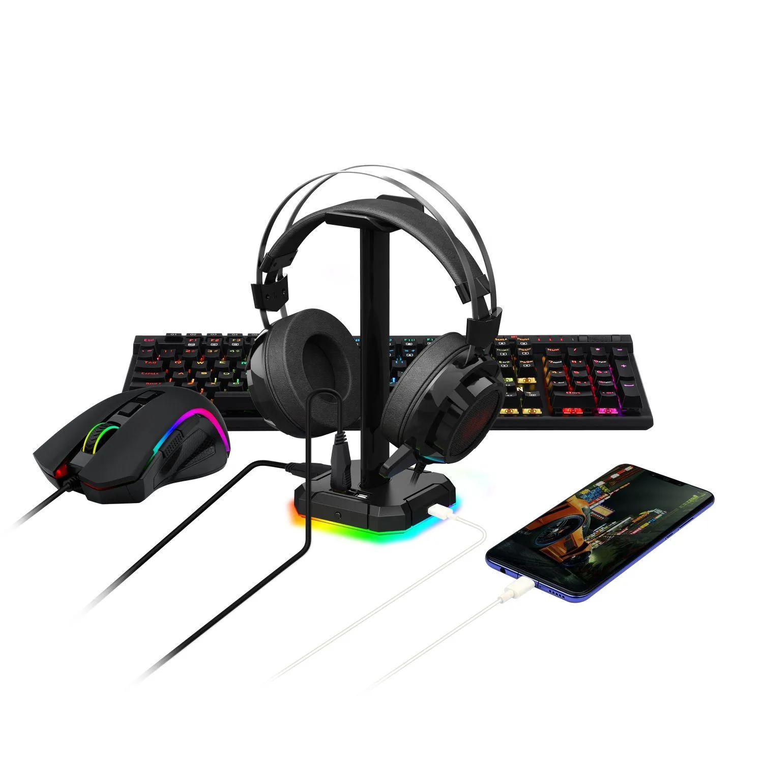 n HA300 Gaming Headset Stand RGB Backlit Aluminum Supporting Bar Non-Slip Solid Rubber Base 4X USB 2.0 for All Headphones