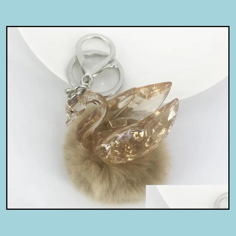 party favor keyring pompom keychain charm ball acrylic swan real rabbit fur 6cm ball genuine soft fluffy purse pendant christmas