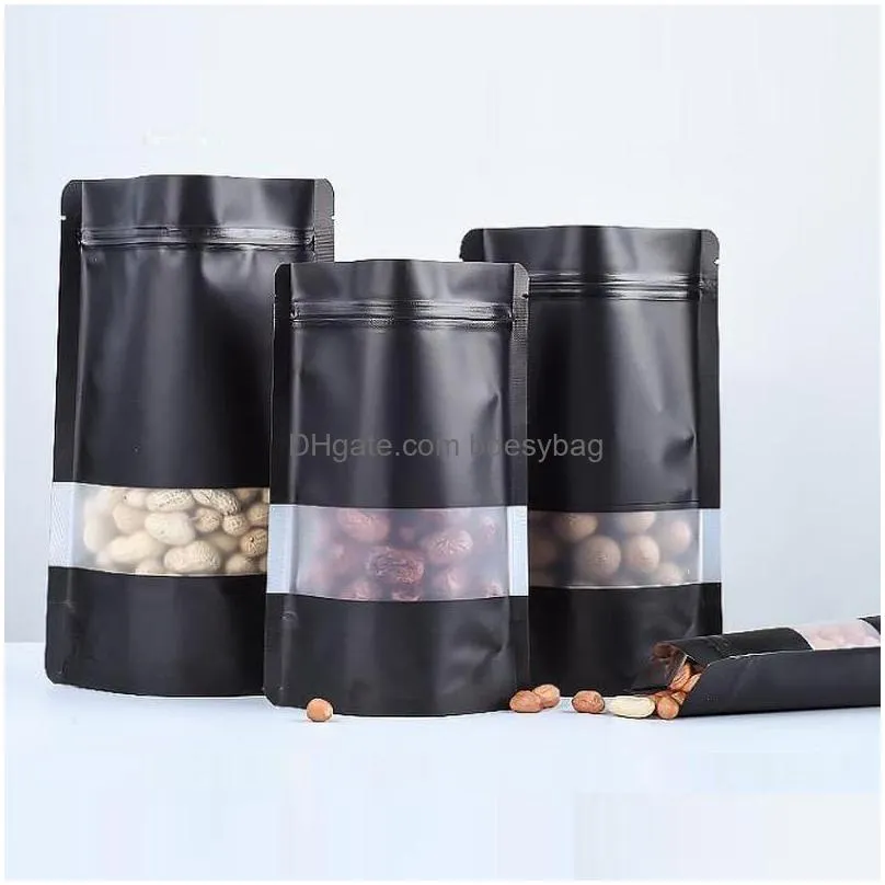 9 size black stand up aluminium foil bag with clear window plastic pouch zipper reclosable food storage packaging bag lx2688