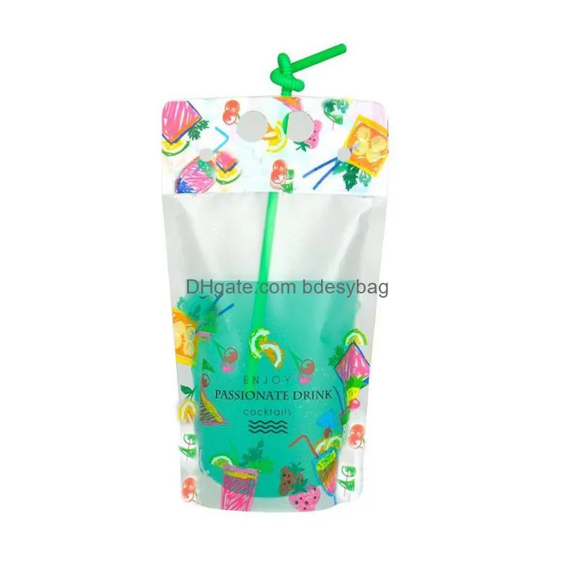 100pcs/lot 500ml cute design stand up plastic drink packaging bag pouch for beverage water juice milk coffee with hole handle lz1078