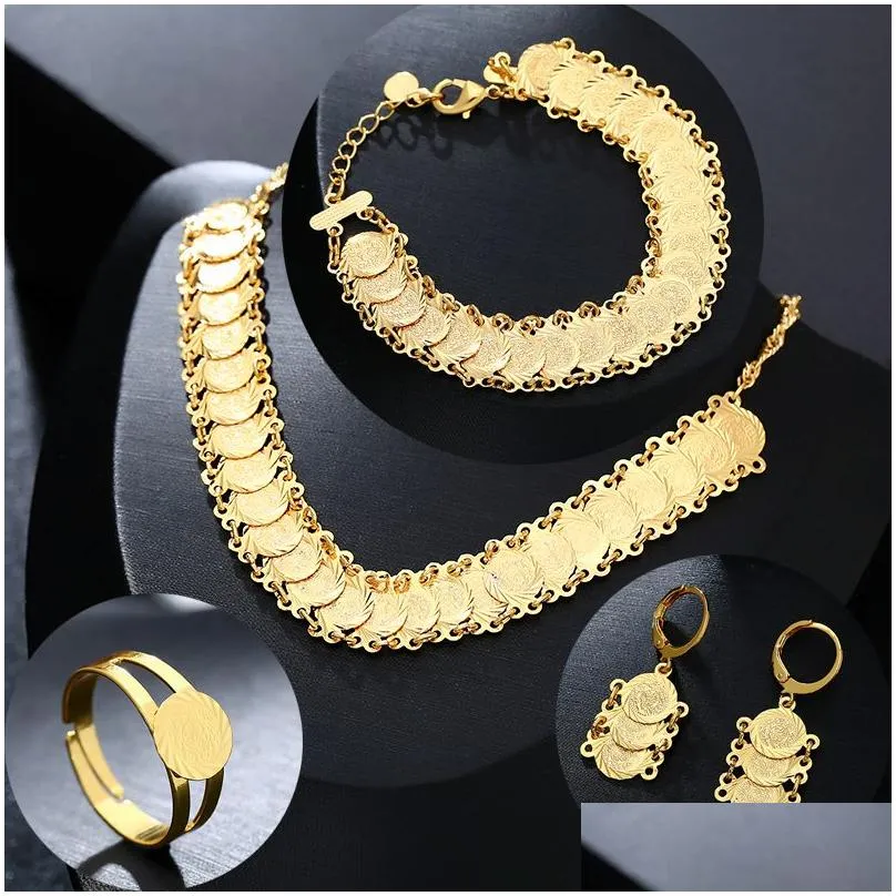  classic arab jewelry sets gold color necklace bracelet earrings ring middle eastern for women coin bijoux 201222