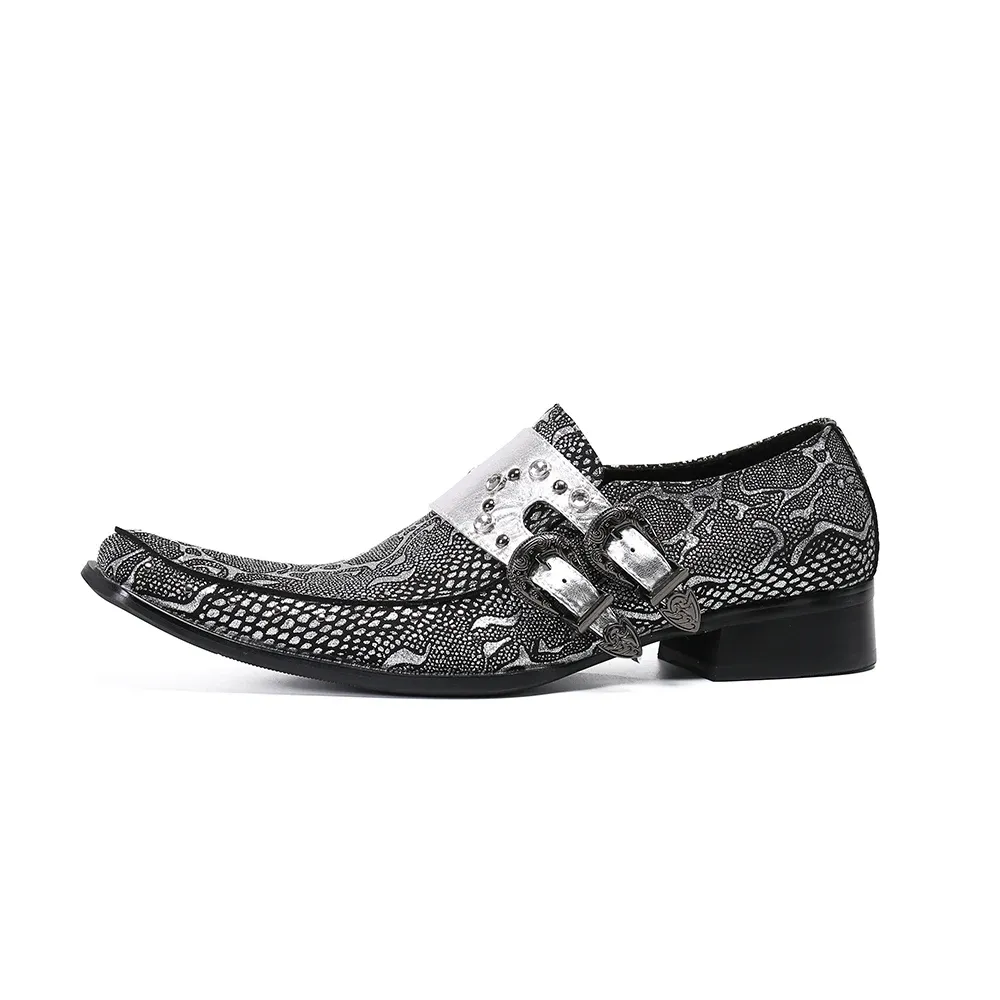 Christia Bella Italian Silver Print Real Leather Party Men Dress Shoes Fashion Rivets Buckle Formal Shoes Business Man Brogues