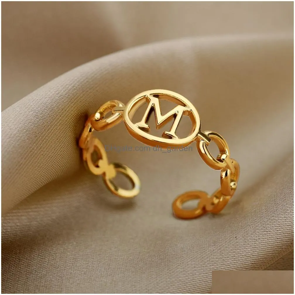 Band Rings Hollow Initial Letter Rings For Women Stainless Steel Gold Color Link Adjustable Ring Female Wedding Aesthetic Je Dhgarden Otkos