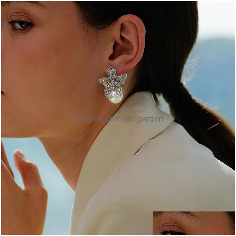 Stud Gorgeous Flower Imitation Pearl Earrings Women Luxury Inlaid Sparkling Cz Stone Fashion Wedding Jewelry Drop Delivery Je Dhgarden Otuny