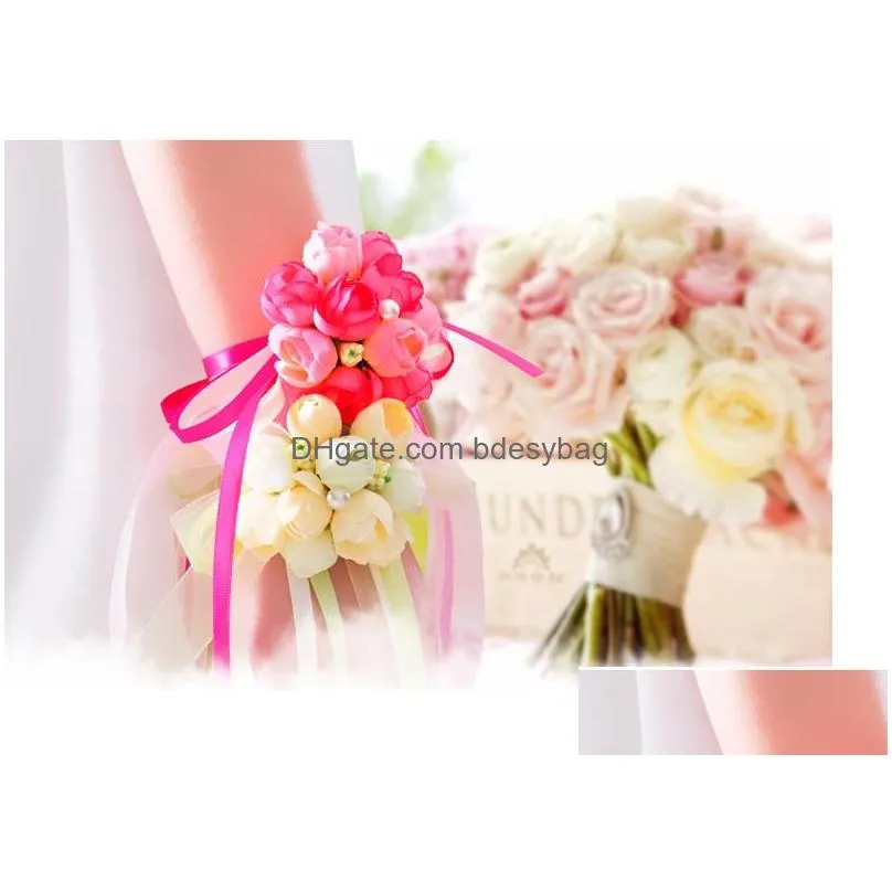 5 colors artificial rose bride wrist flowers bridesmaid sisters hand flowers for wedding party decoration bridal prom wa1932