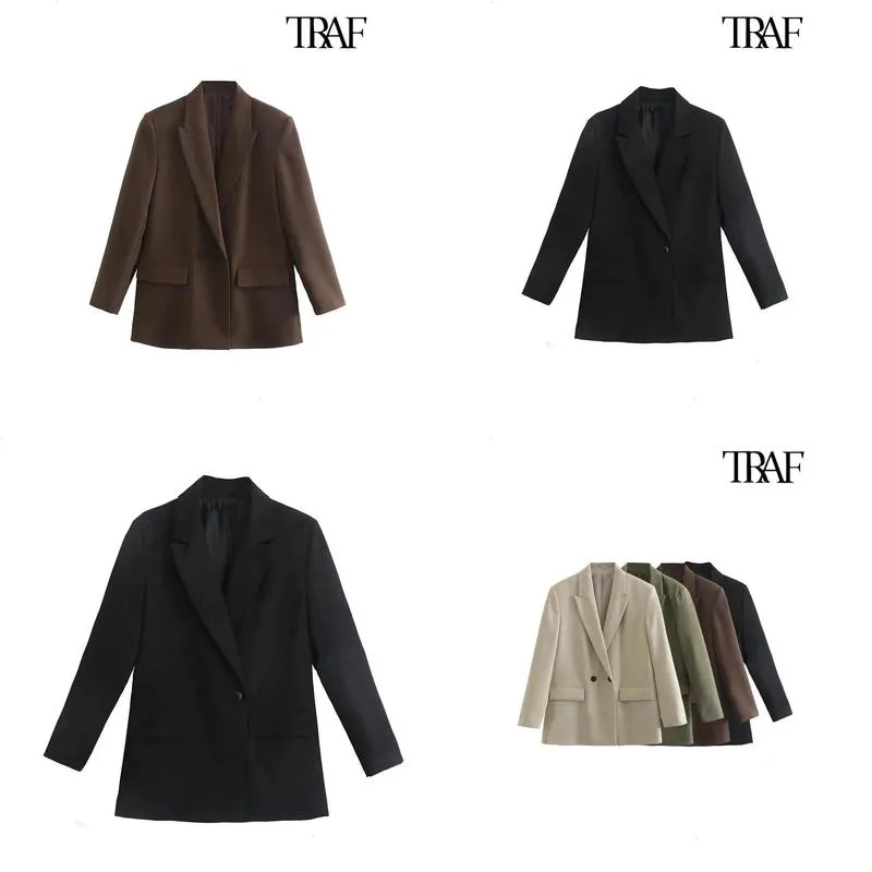 Womens Suits Blazers TRAF Women Fashion Double Breasted Loose Fitting Blazer Coat Vintage Long Sleeve Pockets Female Outerwear Chic Veste Femme