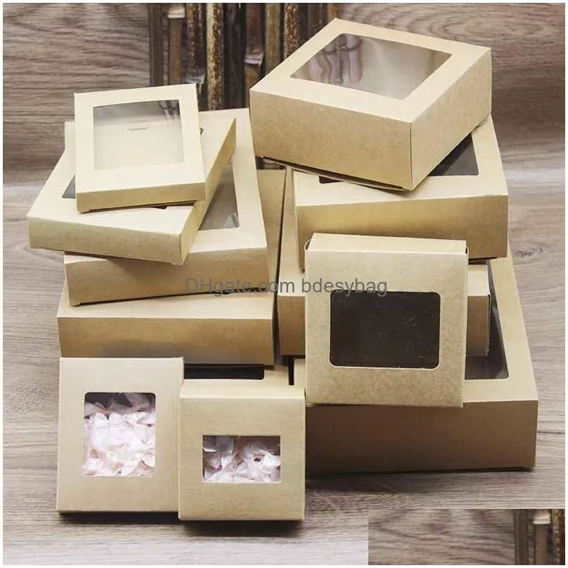 10 size white brown paper soap box kraft paper gift box package with clear pvc window candy favors arts krafts display kraft box