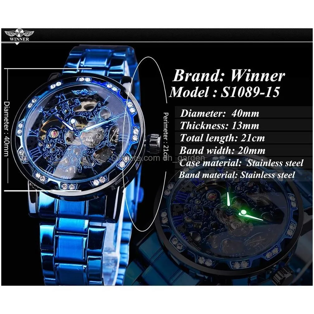 Wristwatches Winner Transparent Diamond Mechanical Watch Blue Stainless Steel Skeleton Watchestop Brand Luxury Business Lumi Dhgarden Ot8Ix