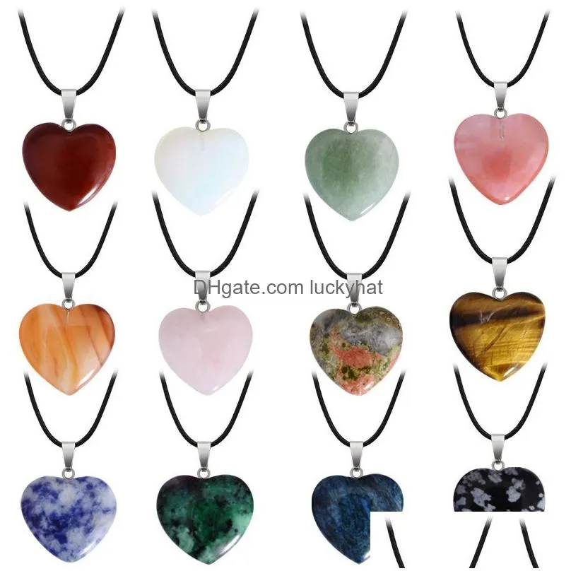 Pendant Necklaces Natural Crystal Stone Pendant Necklace Hand Carved Creative Heart Shaped Gemstone Necklaces Fashion Accessory Gift W Dhpmq