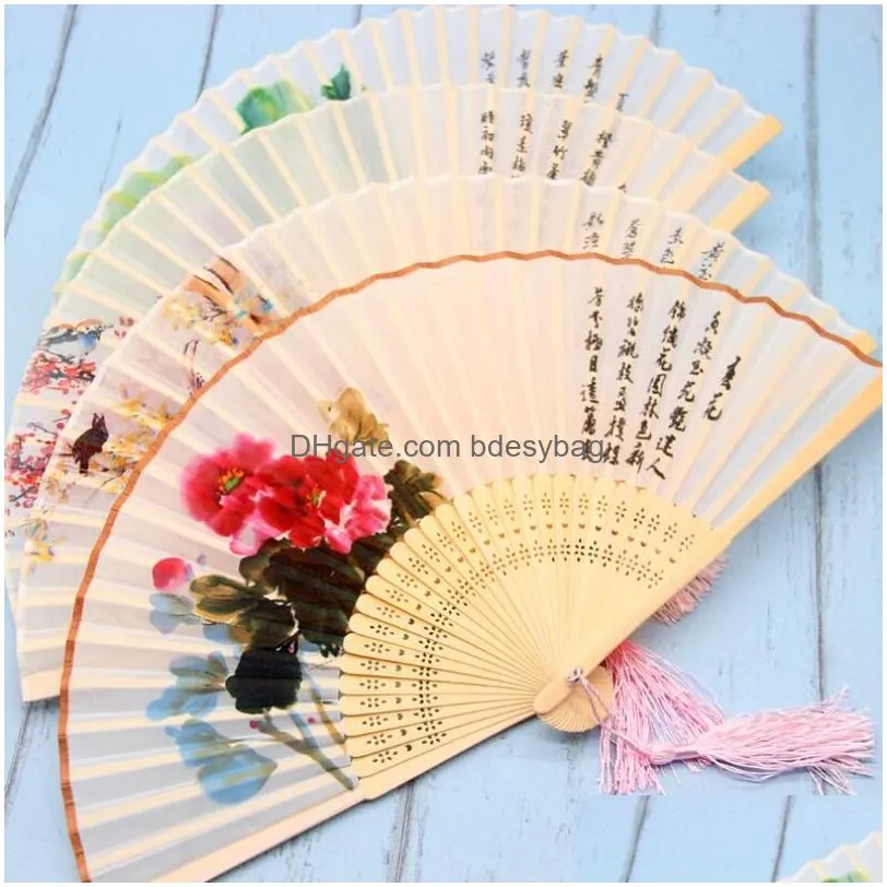 Party Favor Vintage Party Favor Silk Folding Fan Retro Chinese Japanese Bamboo Fold Tassel Dance Hand Fans Home Decoration Ornament Cr Dhhd5