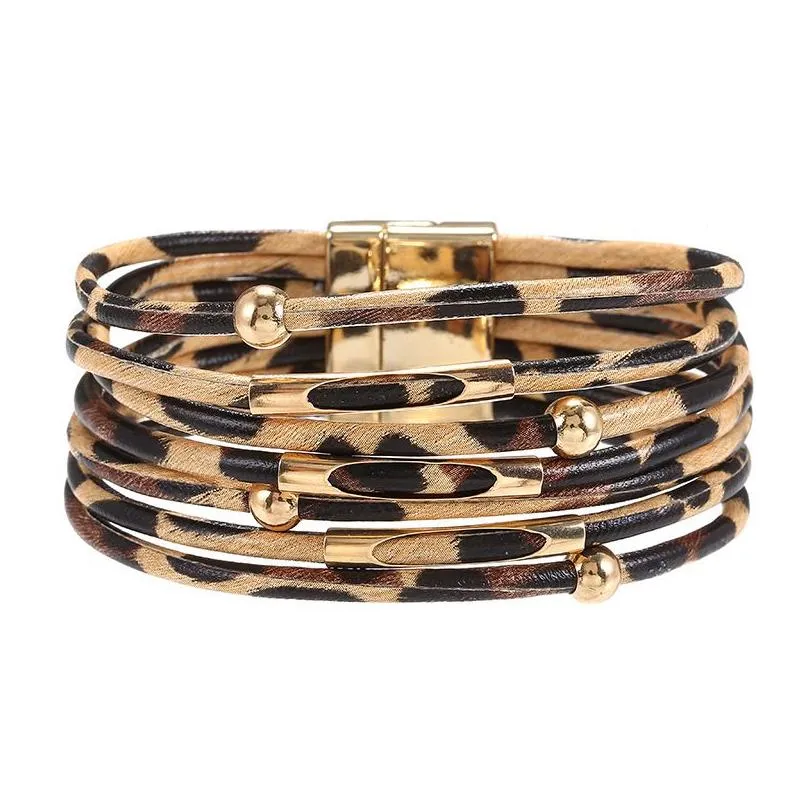 alloy leopard magnetic buckle leather bracelet with beaded leather rope copper tube bracelet gc101