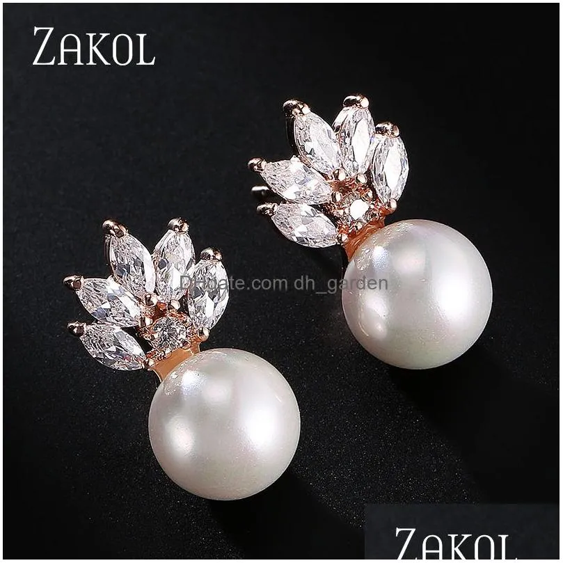 Stud Fashion Cute Exquisite Flower Earring Stud Pearl Crystal Earings White Zircon For Women Jewelry Wedding Drop Delivery Je Dhgarden Otzmq