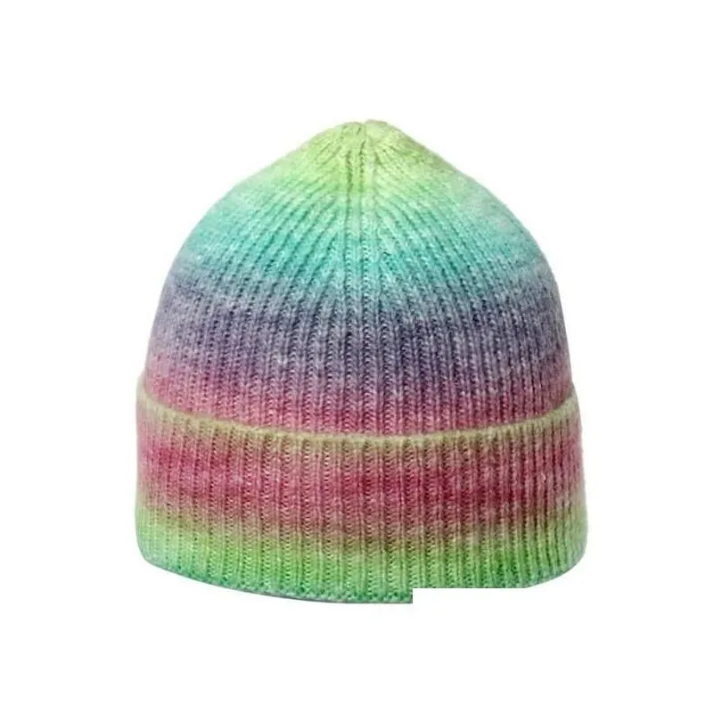 Many Colors Tie Dye Knitted Beanies Women Autumn Winter Thick Warm Hat Rainbow Hats Girl Outdoor Cap