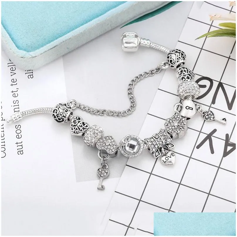 Charm Bracelets Fashion 925 Sterling Sier Love Bowknot Heart Locker Key Murano Lampwork Glass European Charm Beads Crystal Dangle Fits Dh3Iw