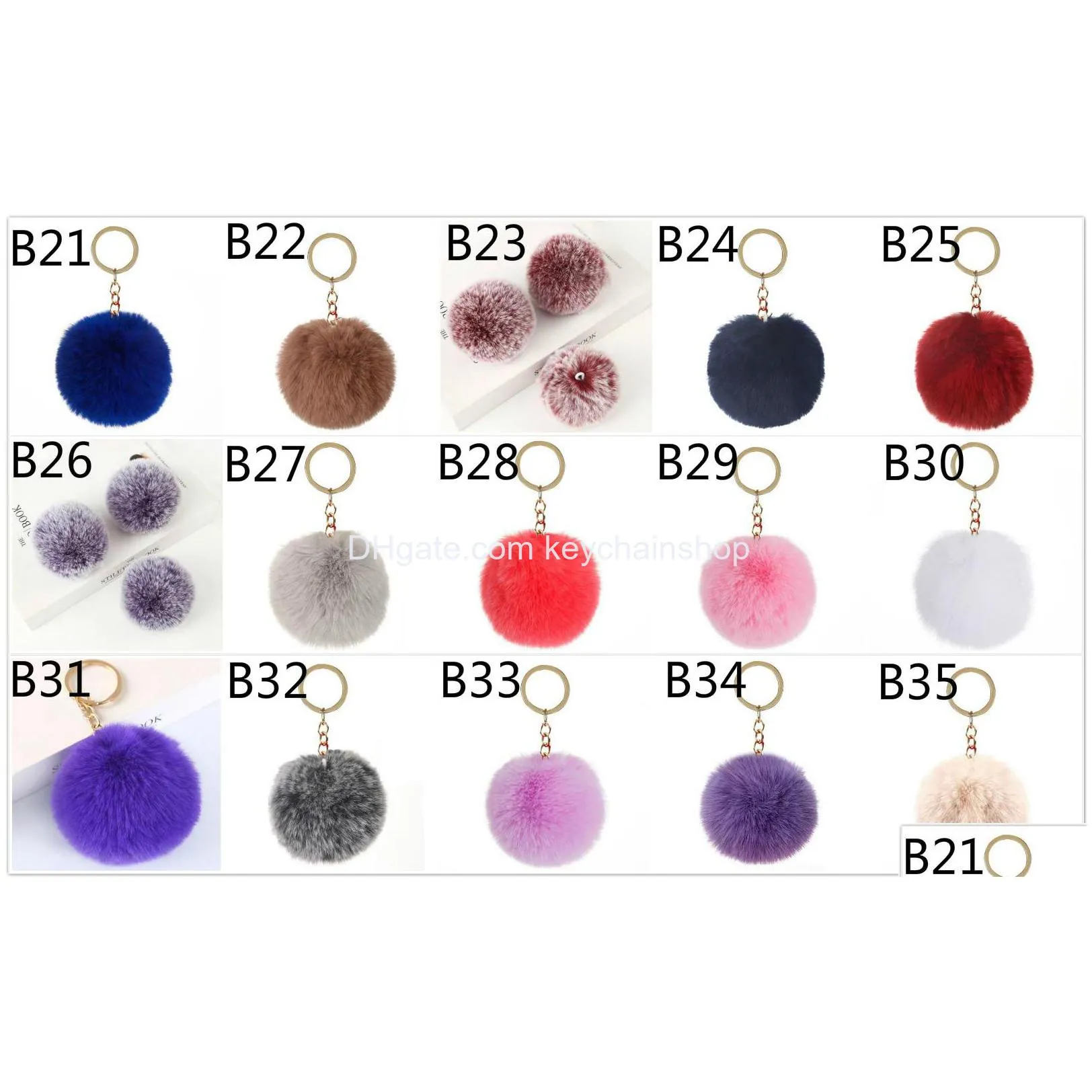 35 colors furry fluffy puff 8cm faux rabbit fur ball pom keychain gold keyring handbag keychains