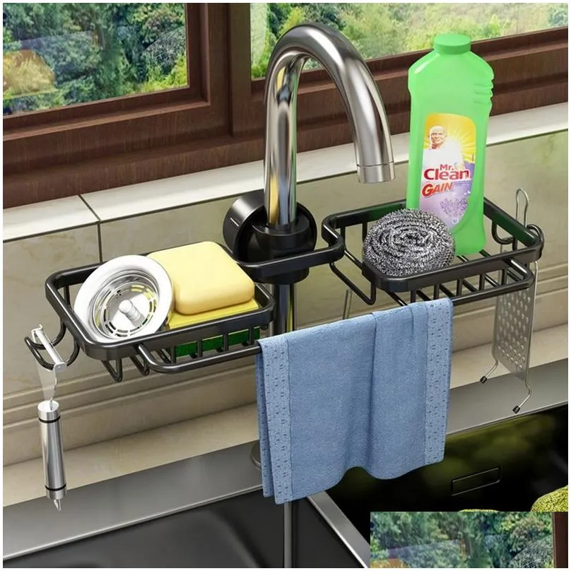 kitchen sink drain rack sponge storage faucet holder space aluminum soap drainer shelf basket organizer bathroom accessories