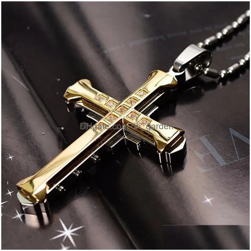 Pendant Necklaces New Male Crystal Cross Jesus Pendant Gold/Black/Blue Color Zirconia Necklace Stainless Steel Jewelry Drop Dhgarden Ot1B0