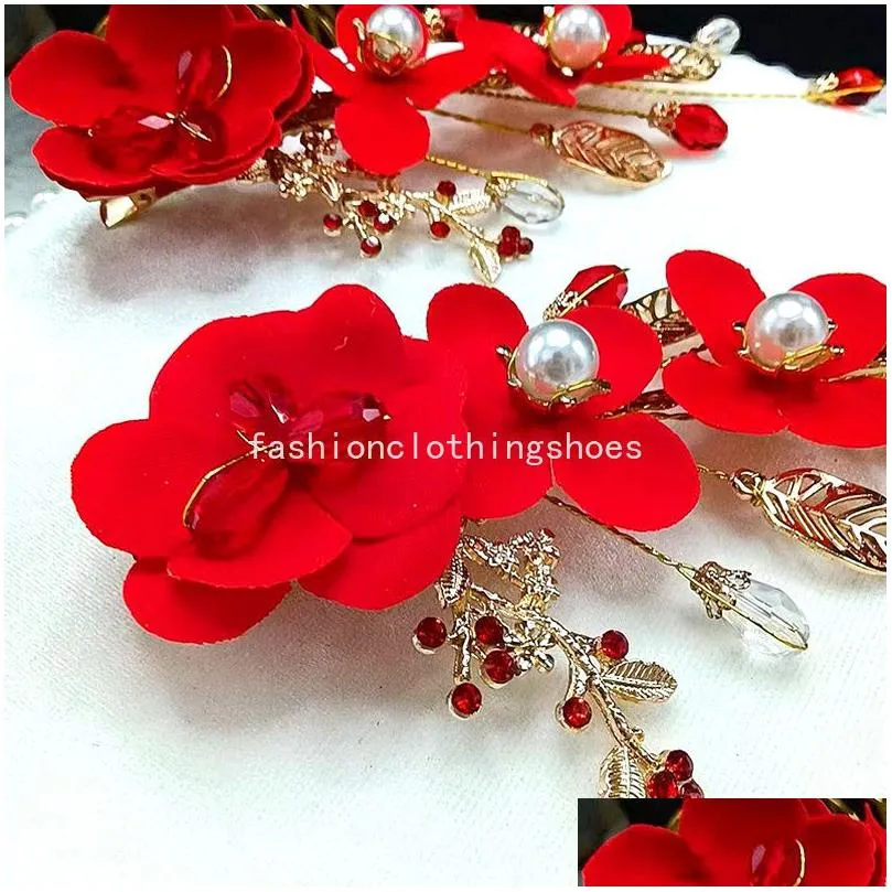 red flower hair clips simple pearl crystal hairpins women barrette wedding marriage bride headwear fashion hair accessories