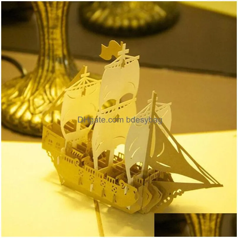 vintage sailing boat laser cut kirigami origami 3d  up greeting cards for birthday gift presents folded cards za5141