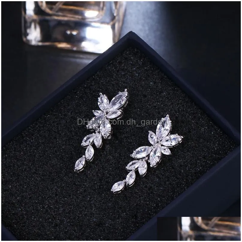 Dangle & Chandelier Fashion Leaf Zircon Drop Earrings For Women White Gold Color Crystal Wedding Earring Bridal Jewelry Gift Dhgarden Otdi3