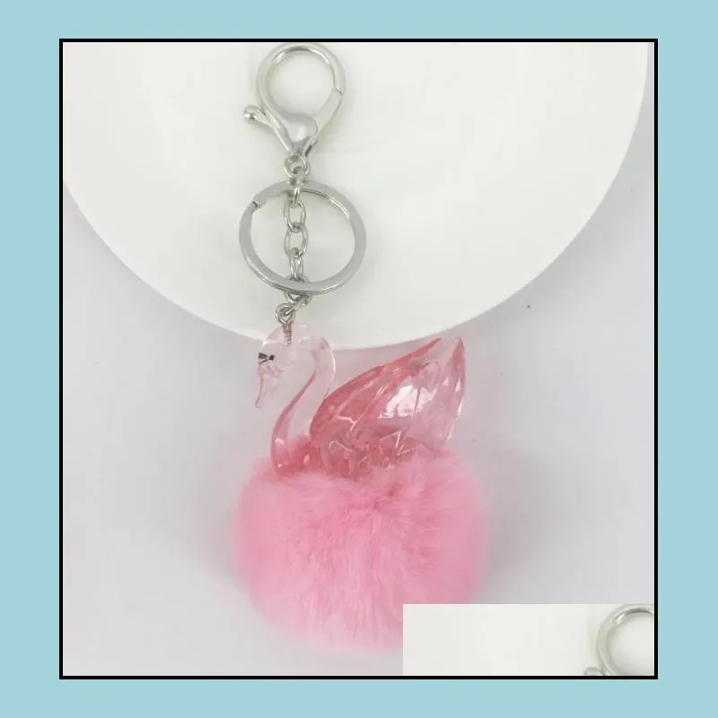 party favor keyring pompom keychain charm ball acrylic swan real rabbit fur 6cm ball genuine soft fluffy purse pendant christmas