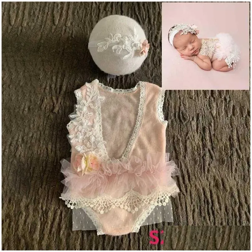 Christening dresses Newborn Photography Props Baby Girl Clothes Princess Dress Flower Headband Lace Romper Bodysuits Outfit Photography Clothing