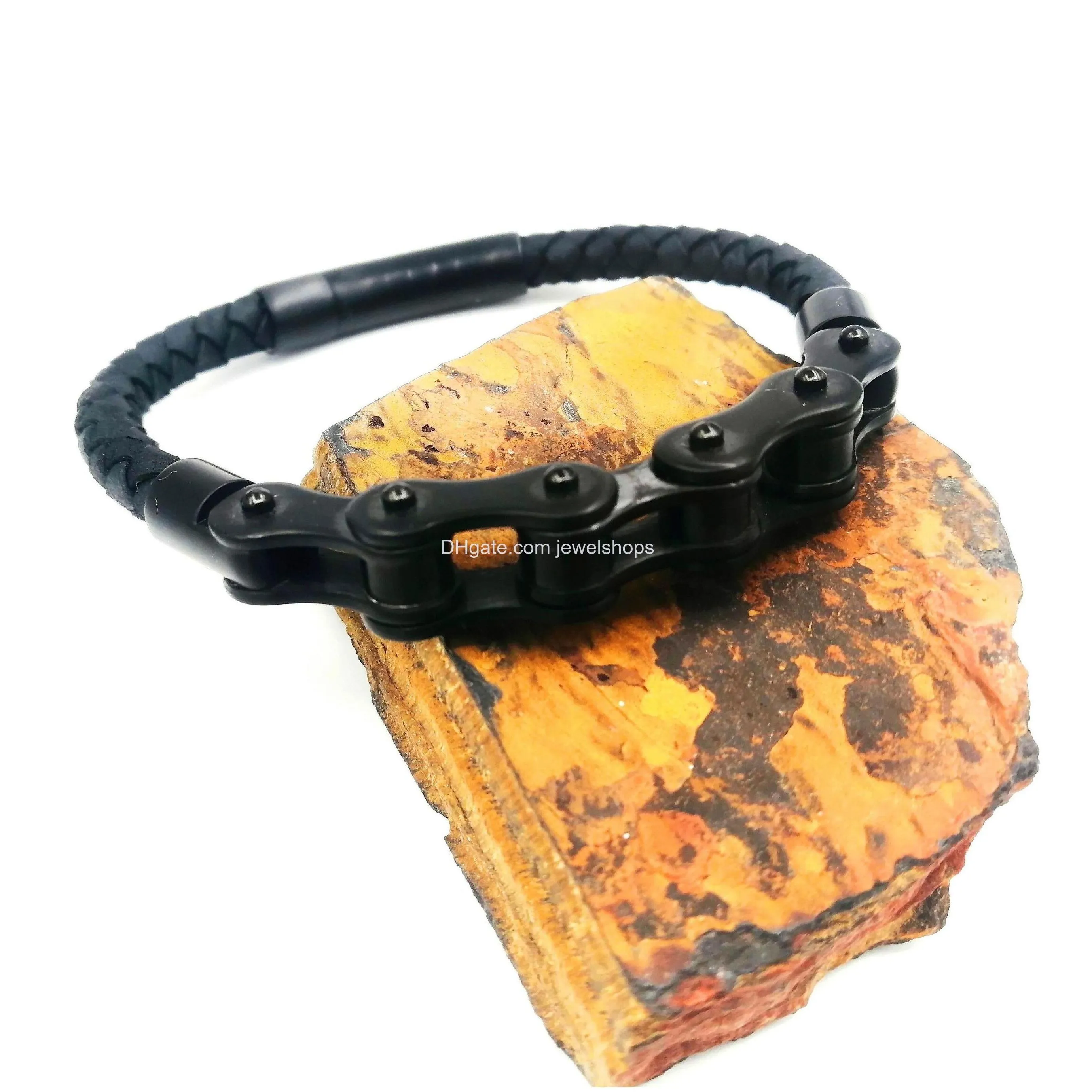 Bangle Locomotive Chain Bracelet Punk Rock Style Stainless Steel Motorcycle Biker Pu Leather Bracelets For Men Drop Delivery Jewelry