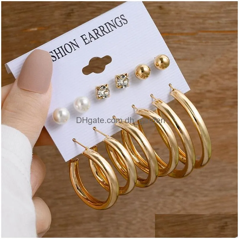 Dangle & Chandelier Vintage Gold Geometric Womens Earrings Set Fashion Pearl Circle Hoop Earring For Women Brincos Trend Fem Dhgarden Otwyn