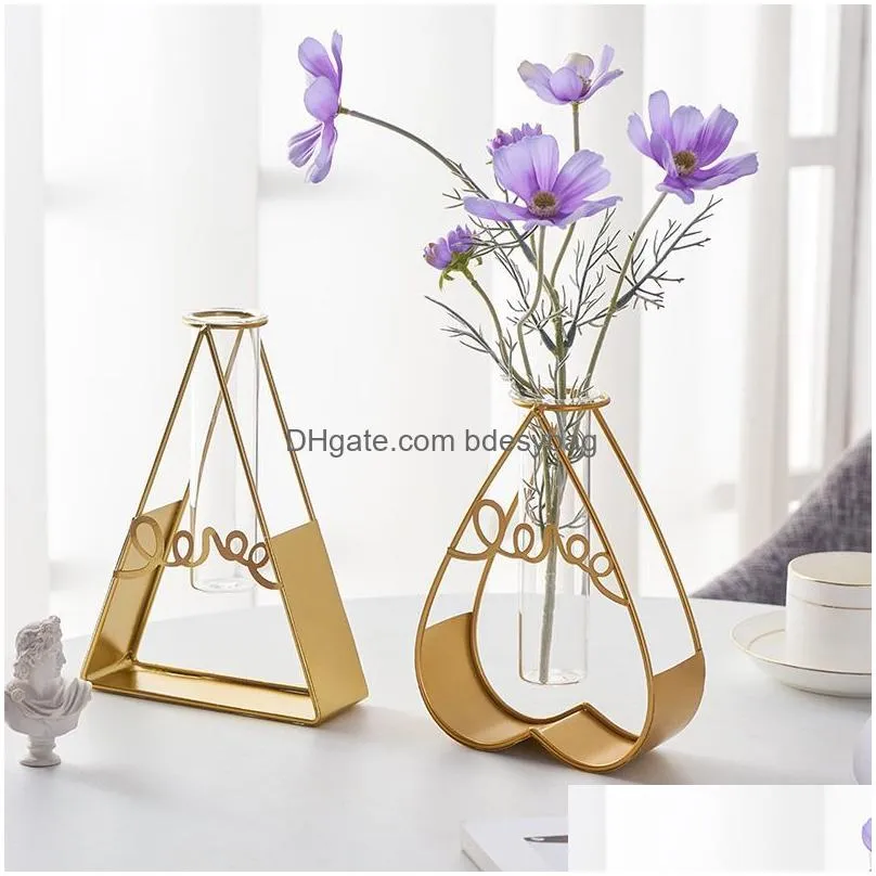 Vases Modern Home Decorations Metal Flower Vases Iron Holde Glass Room Dining Table Hydroponic Decorative Bottle Living Drop Delivery Dhmgj