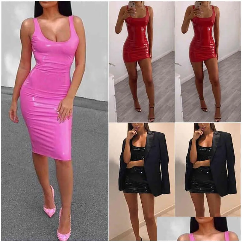 women pencil dress summer fashion sexy ladies pu leather bandage bodycon strap sleeveless party mini black pink red clubwear 210522