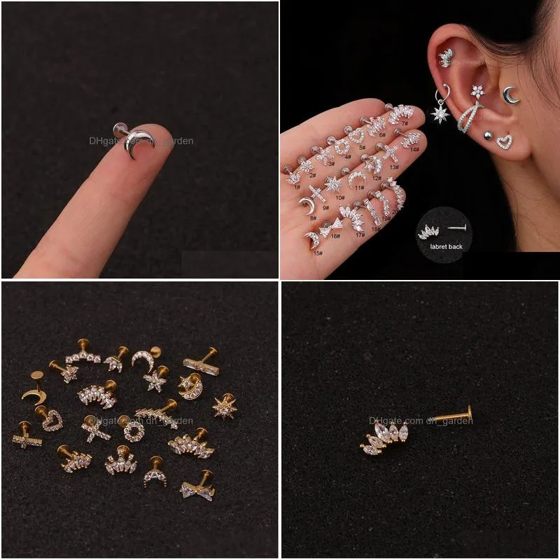 Stud New 1Pc Sier Color Stainless Steel Ear Cartilage Helix Screw Back Earring Stud Cz Tragus Rook Conch Piercing Jewelry Dr Dhgarden Otbha