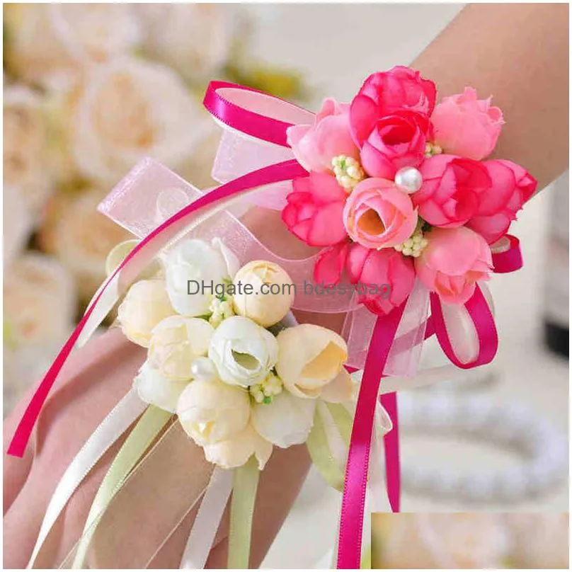 5 colors artificial rose bride wrist flowers bridesmaid sisters hand flowers for wedding party decoration bridal prom wa1932